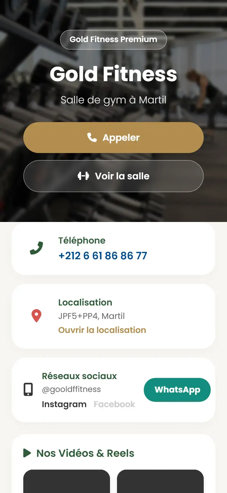 Site Gold Fitness affiché en version mobile, format d'usage principal depuis le QR code